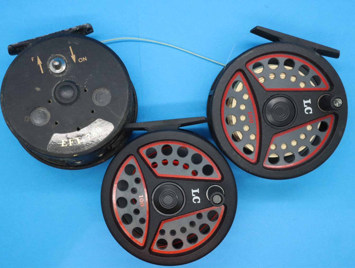 Three fly fishing feels including two Leeda LC, and an Omoto EFT 780. P&P Group 2 (£18+VAT for the