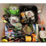 Box of mixed fishing tackle including weights and floats. P&P Group 3 (£25+VAT for the first lot and