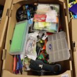 Box of mixed fishing tackle including feeders and catapults. P&P Group 3 (£25+VAT for the first