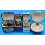 Four Limoges hand painted and gilt perfume containers with original bottles, largest H: 5 cm. P&P