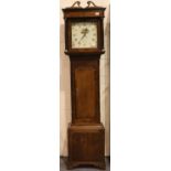 E Jones Dolgelly oak longcase clock with enamelled painted dial and date aperture, H: 203 cm. Not