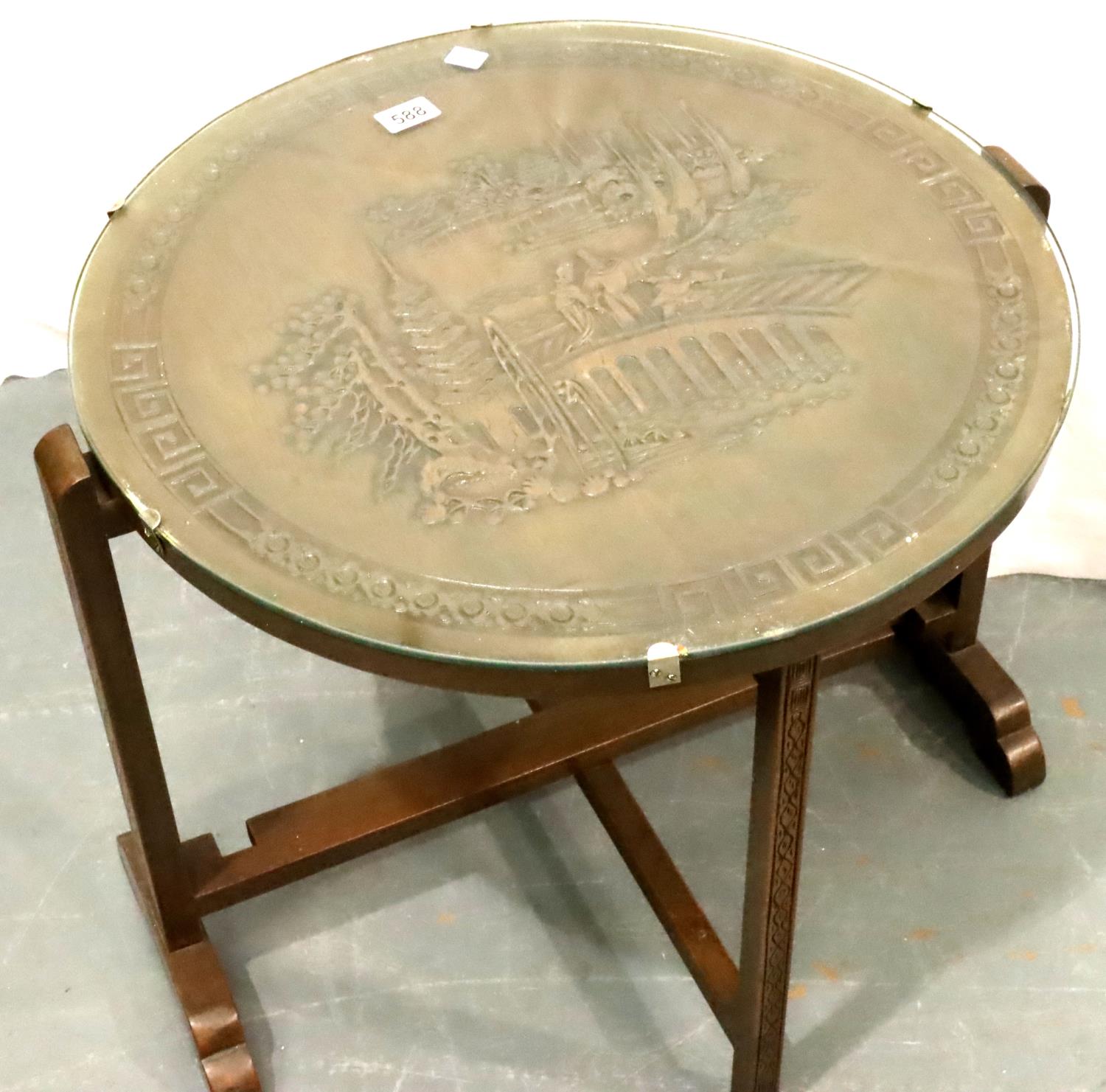Circular folding Oriental hardwood occasional table with glass top, D: 62 cm, H: 52 cm. Not