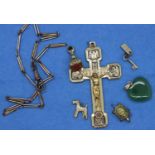Mixed yellow metal items to include a cross pendant, dog pendant, etc. Cross pendant H: 7 cm. P&P