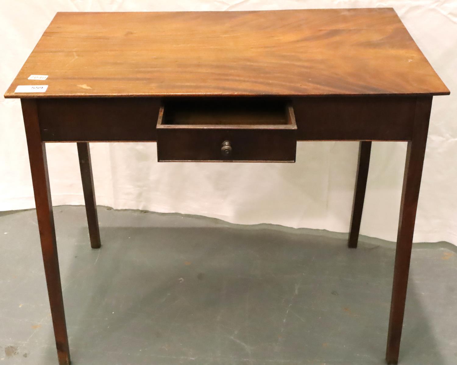 A 19th century mahogany side table with single drawer and tapered supports, 92 x 58 x 77 cm H. Not