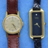 Two ladies wristwatches Omega and Raymond Weil both on leather straps, not working at lotting up.