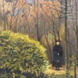 Victorian oil on canvas of a woman in black in the woods, unsigned, 17 x 25 cm. Not available for