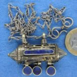 Turkish white metal lapis lazuli set note carrier on chain. P&P Group 1 (£14+VAT for the first lot