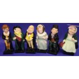 Six Royal Doulton Charles Dickens figurines including Tony Weller, largest H: 10.5 cm. No cracks,