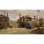 Jim Treuman; oil on board Tram Scene, 68 X 46 cm. Not available for in-house P&P, contact Paul O'Hea