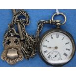 935 silver key wind fob watch with white metal albertina and hallmarked fob, watch D: 40 mm. P&P