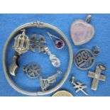 A collection of 925 silver pendants and charms, some stone set, and a heavy gauge silver snap