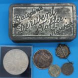 Victorian shield back Guernsey penny 1881 and other coinage including a 6d brooch. P&P Group 1 (£
