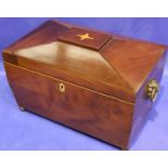 Georgian sarcophagus mahogany tea caddy, 26 x 17 x 15 cm. P&P Group 3 (£25+VAT for the first lot and