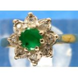 18ct yellow gold diamond and emerald dress ring, size J, 3.3g. P&P Group 1 (£14+VAT for the first