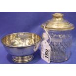 Hallmarked silver bowl, London assay, and a cut glass preserve jar with hallmarked silver lid,