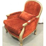 A large 20th century salon chair with carved gilt frame, 85 x 90 x 95 cm H. Not available for in-