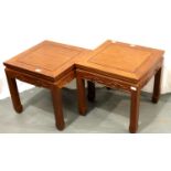 A pair of Oriental hardwood square lamp tables, each 54 x 54 x 51 cm H. Not available for in-house