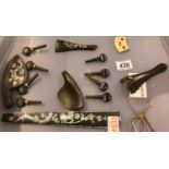 Violin parts; abalone shell inlaid ebony tuning pegs, finger board etc with further undecorated