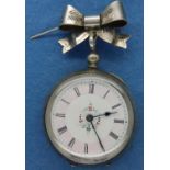 925 silver ladies fob watch with a hallmarked silver ribbon hanger. P&P Group 1 (£14+VAT for the