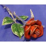 Hallmarked silver and enamel long stem Saturno rose, L: 28 cm, assay Birmingham, date rubbed, with