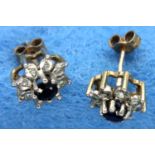 Pair of 9ct gold earrings set with sapphires and diamonds, combined 1.7g. Both butterfly backs