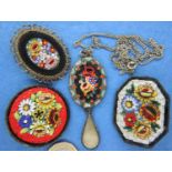 Three Italian Micro Mosaic brooches and a similar pendant. P&P Group 1 (£14+VAT for the first lot