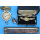 Rolled gold ladies wristwatch, silver thimble, harmonica and a compass. P&P Group 1 (£14+VAT for the