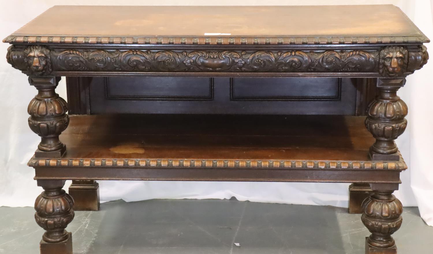Victorian heavily carved oak two tier buffet, 168 x 78 x 102 cm H. Not available for in-house P&P,