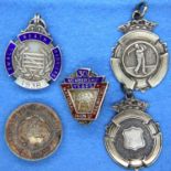 Five silver fob medals including an Old Bury Urban District Education Committee example, combined