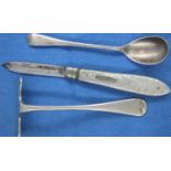 Miniature hallmarked silver spoon and pusher, spoon hallmarks indistinct, pusher marked AJB and a