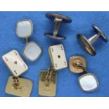 Three pairs of cufflinks including mother of pearl example. P&P Group 1 (£14+VAT for the first lot