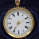 9ct yellow gold cased ladies fob watch, lacking bow, dial D: 35 mm, not working at lotting, 32.7g.