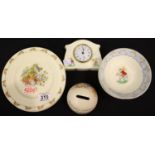 Royal Doulton Bunnykins; clock, six plates, six bowls and a money box. No cracks, chips or visible