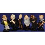 Six Royal Doulton Charles Dickens figurines including Tiny Tim, largest H: 9 cm. No cracks, chips or
