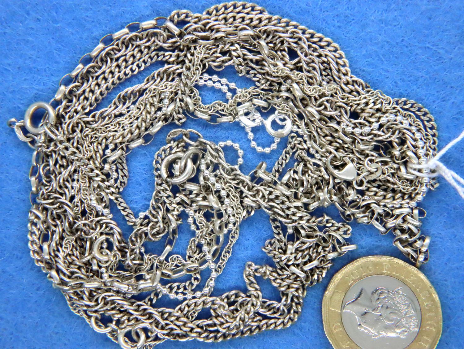 Six mixed 925 silver chains, longest L: 64 cm, combined 34g. P&P Group 1 (£14+VAT for the first