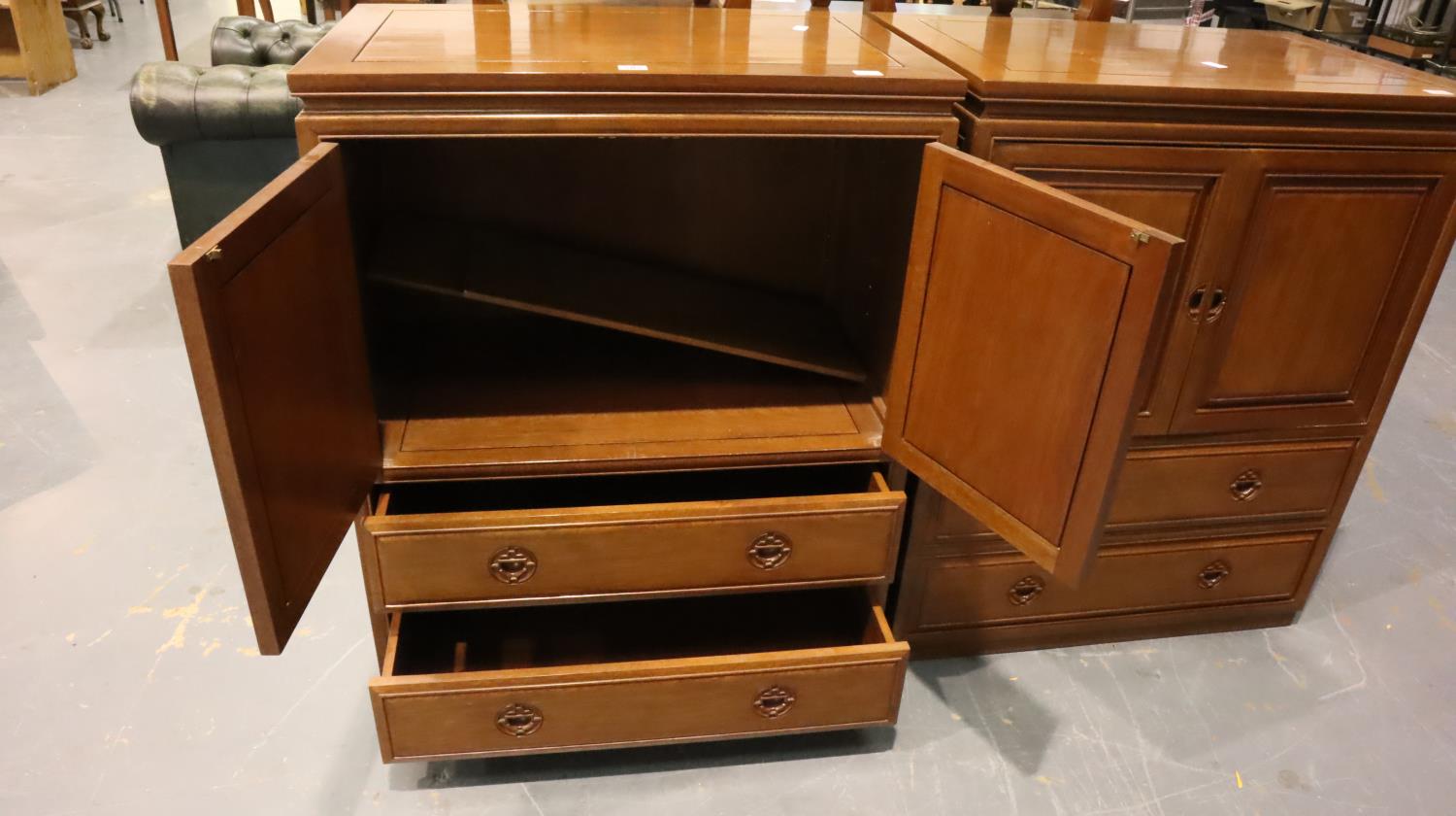 An Oriental hardwood cupboard, having two hinged doors, lift and slide faux drawer and a single - Image 3 of 5