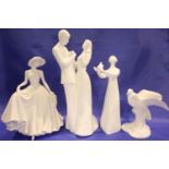 Three Royal Doulton white figurines and another, largest H: 30 cm. P&P Group 3 (£25+VAT for the