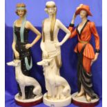 Three large ceramic Art Deco ladies, H: 70 cm. Not available for in-house P&P, contact Paul O'Hea at
