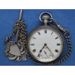 Hallmarked silver pocket watch on a white metal chain with fob, chain L: 25 cm, working at