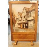A large oak framed tapestry fire screen. Not available for in-house P&P, contact Paul O'Hea at