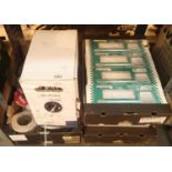 Three boxes of electrical items including new bulkhead lamps, reels of wire etc. Not available for