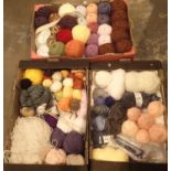 Three trays of double knitting and sock wools or various colours. Not available for in-house P&P,