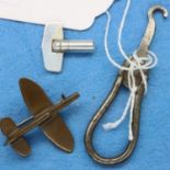 WWII sweetheart Spitfire brooch and an antique folding button hook. P&P Group 1 (£14+VAT for the