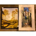 Two oil on boards one with European street scene and the other showing a rural country scene. Not