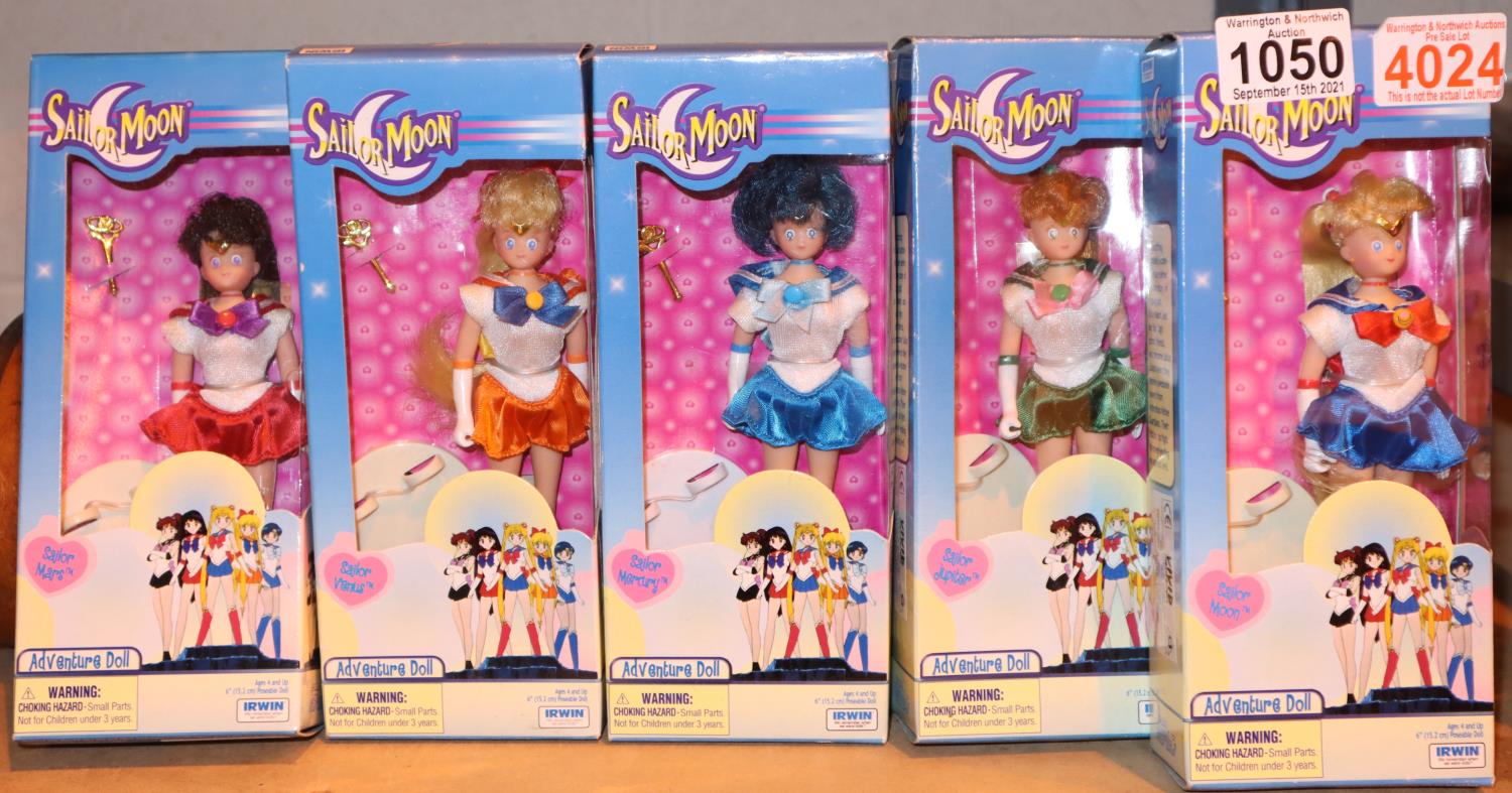 Five boxed collectable Irwin toys Japanese Sailor Moon adventure dolls. Not available for in-house
