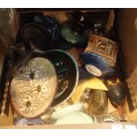 Mixed lot of ceramics and glassware to include colourful decorative vases, dishes etc. Not available