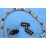 925 silver marcasite and amethyst bracelet, L: 20 cm, pair of 925 silver earrings and a presumed