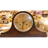 Vintage mahogany Napoleons hat Westminster chiming mantel clock with pendulum and key. Not available