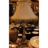 Large gilt and glass stemmed table light, H: 60 cm. Not available for in-house P&P, contact Paul O'