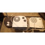 Two small electric fan heaters and a battery powered adjustable lamp. Not available for in-house P&